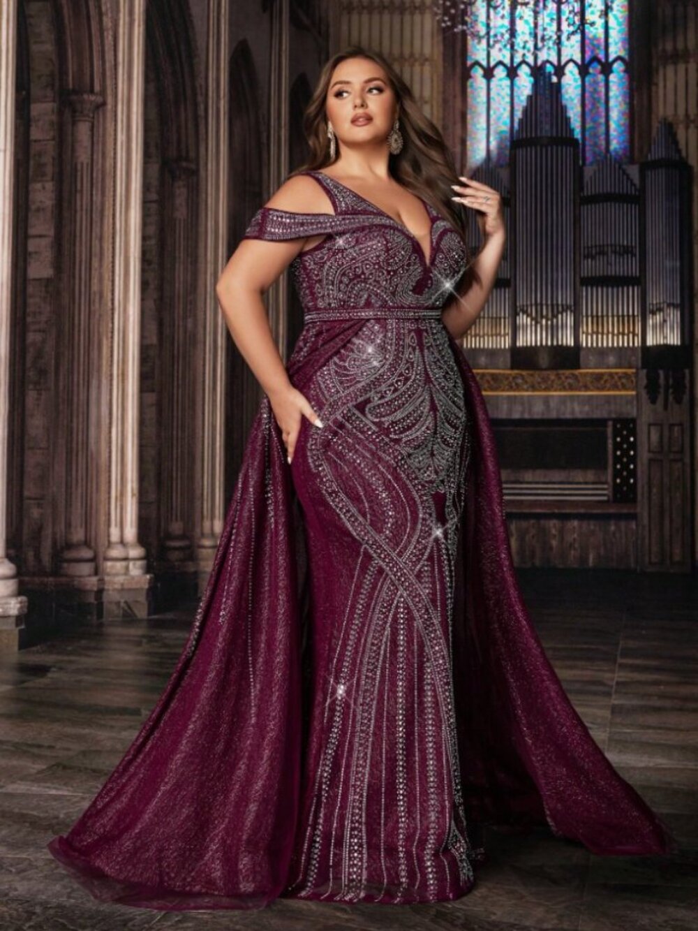 Muriel Plus Size Rhinestone Hot Drill V-Neck Sleeveless Gown